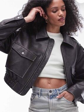 Topshop Black Cropped Leather Jacket with Patch Pockets